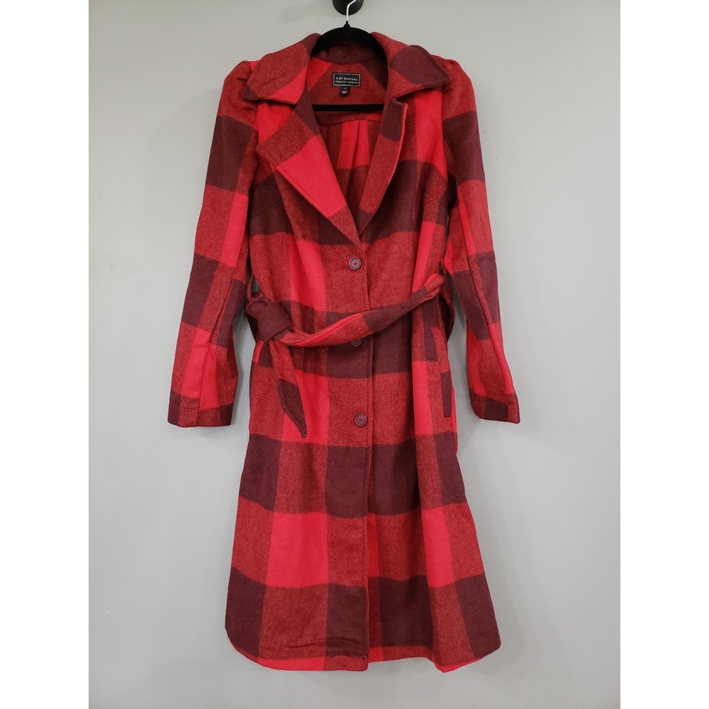 WOOL‎ BLEND Red Buffalo Plaid Peacoat Trench Coat Cabincore Fall Belted Grunge
